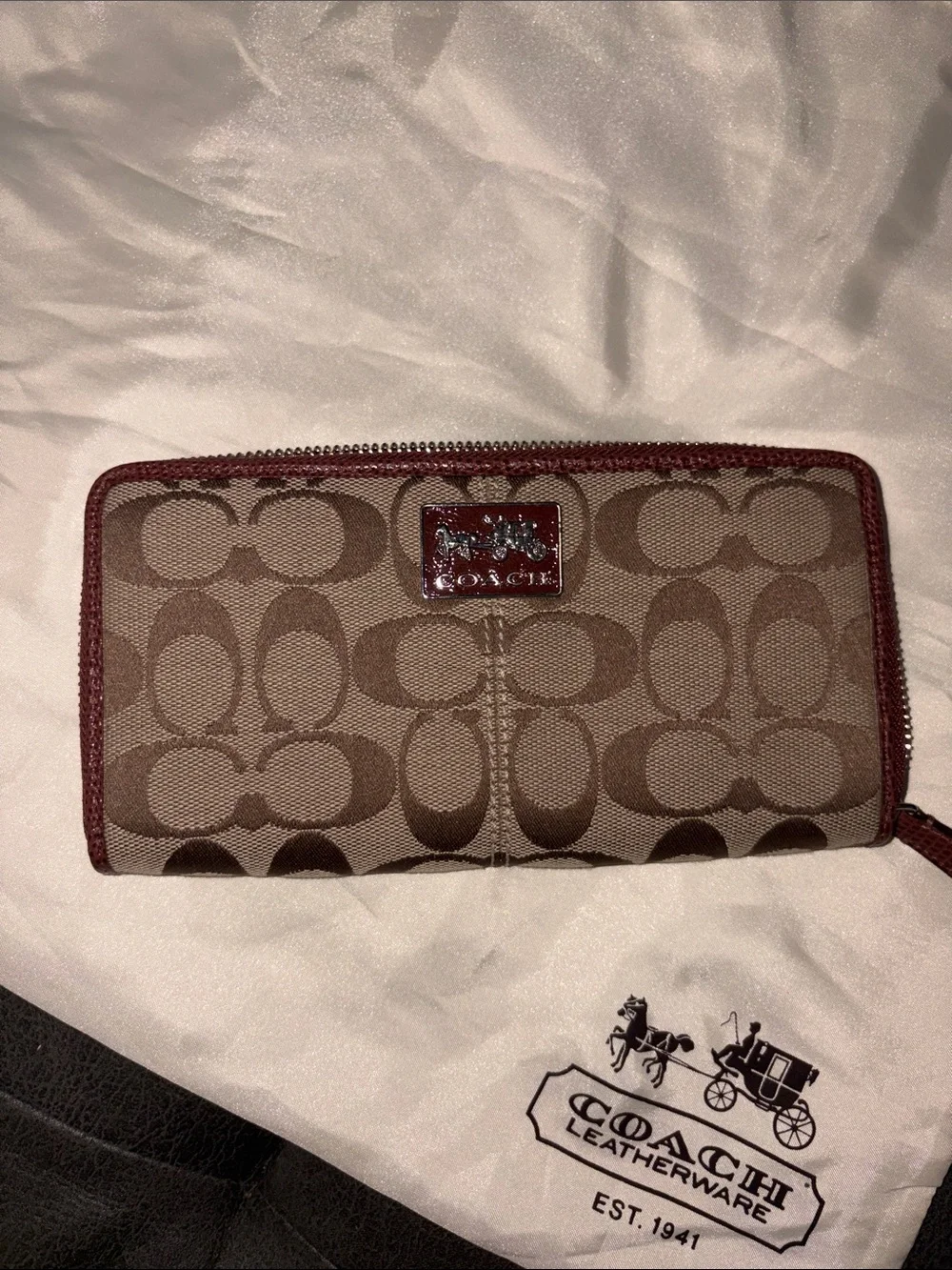 Coach Brown Signature Canvas Zip Card Holder with Maroon Trim